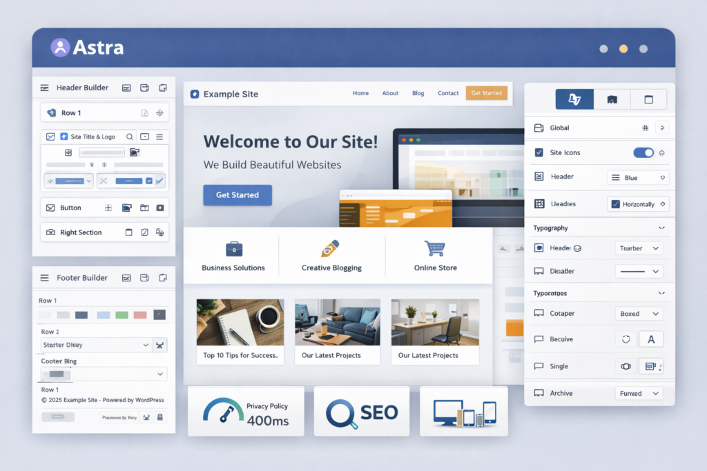 Astra Site Builder and header footer customization tools
