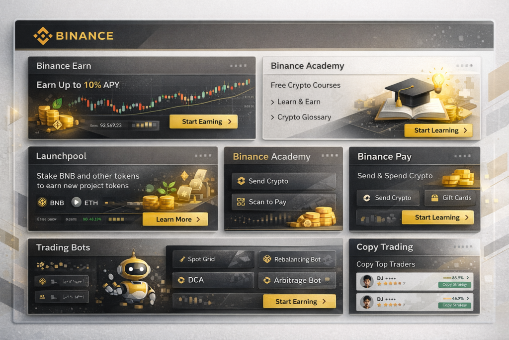 Binance feature ecosystem overview with Earn, Launchpool, Academy, Pay, and trading tools
