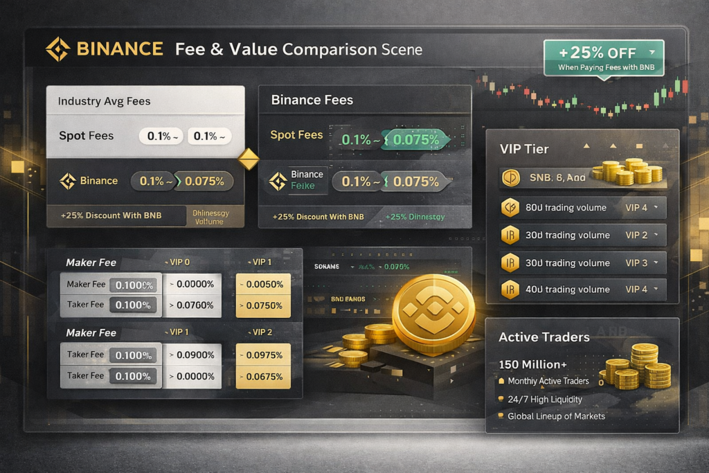 Binance fee and value comparison dashboard highlighting spot fees and BNB discount savings
