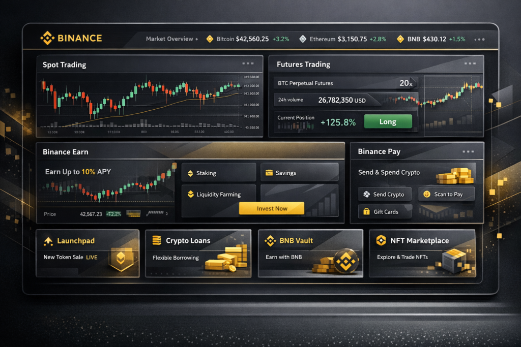 Binance ecosystem dashboard showing spot trading, futures, Earn, and Pay modules in one interface
