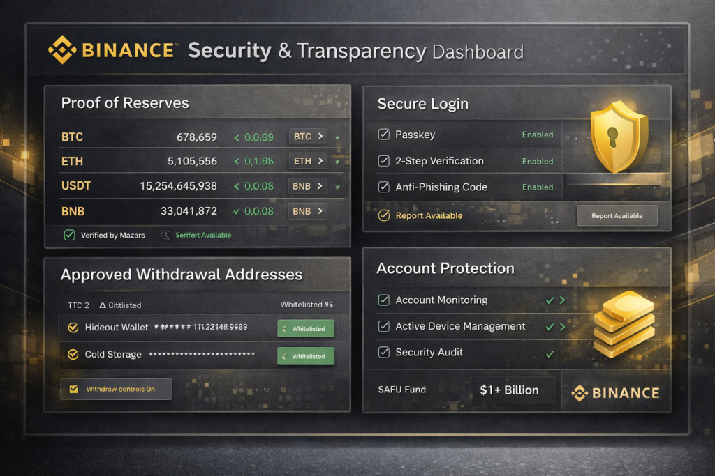Binance security dashboard with Proof of Reserves, SAFU, anti-phishing, and withdrawal whitelist controls
