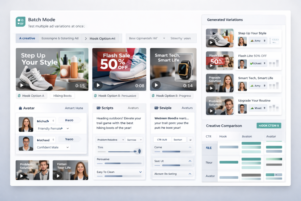 Creatify batch mode dashboard showing multiple ad variations, avatar options, and creative testing for performance marketing