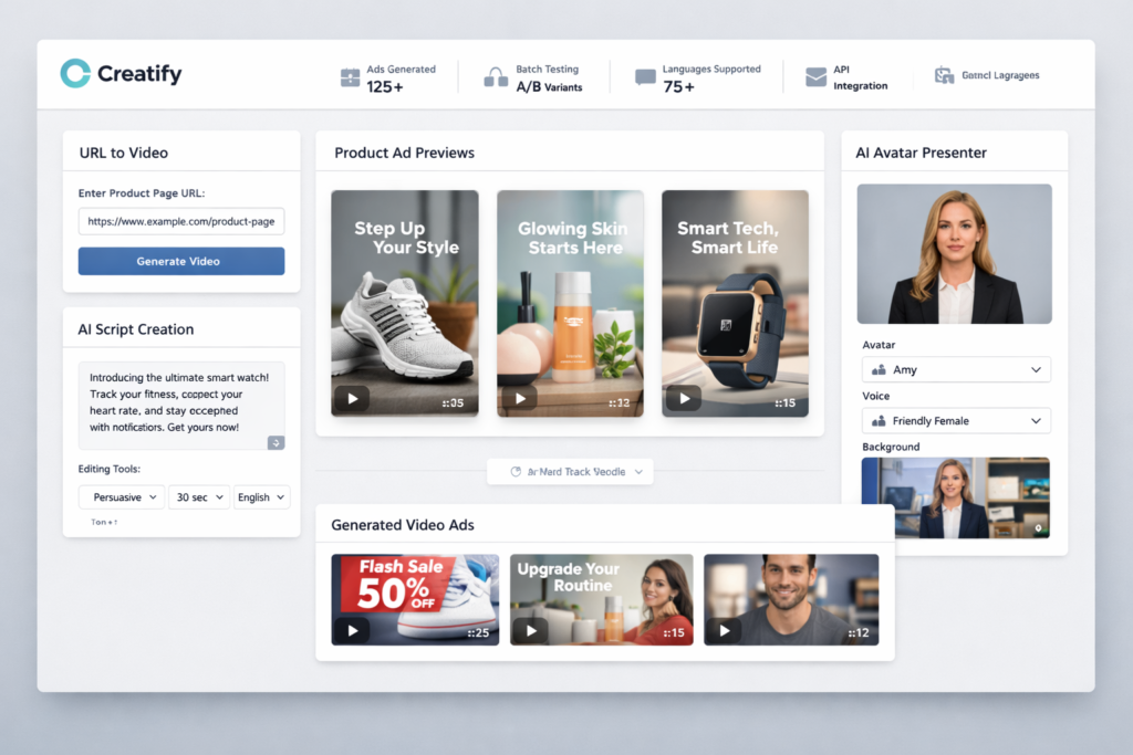 Creatify AI ad generator dashboard showing URL-to-video, avatars, product ads, and ad creation workflow