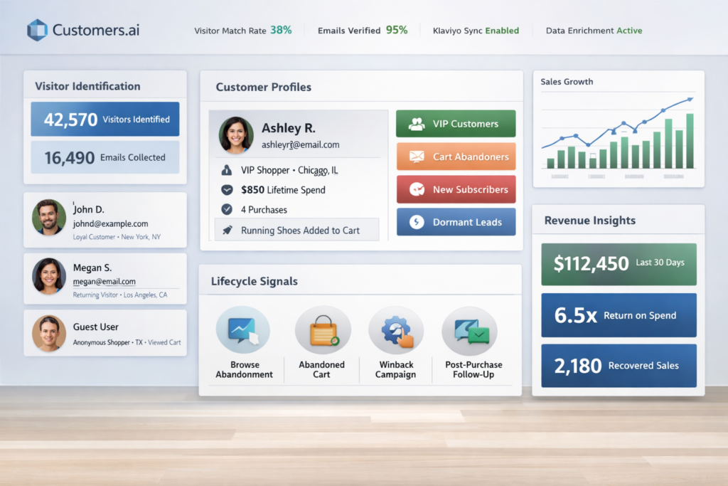 Customers.ai dashboard for Shopify and Klaviyo growth with visitor identification, audience insights, and revenue optimization
