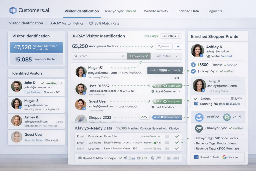 Customers.ai identity resolution interface showing anonymous visitor matching, enriched shopper profiles, and Klaviyo-ready data
