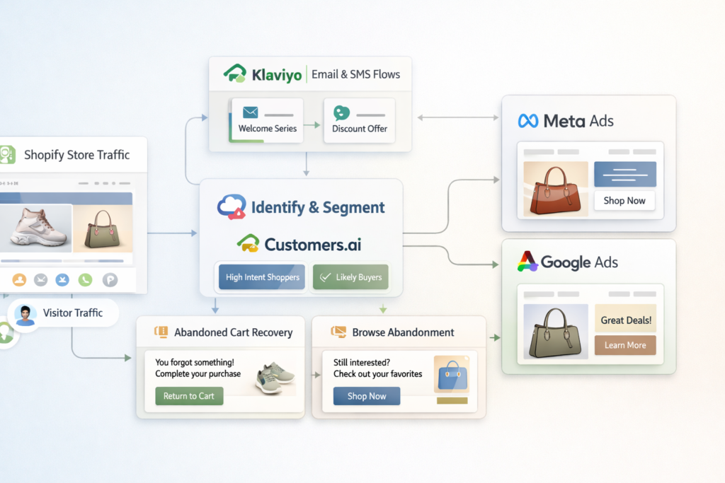 Customers.ai workflow for Shopify traffic recovery, Klaviyo flows, retargeting audiences, and ecommerce revenue growth
