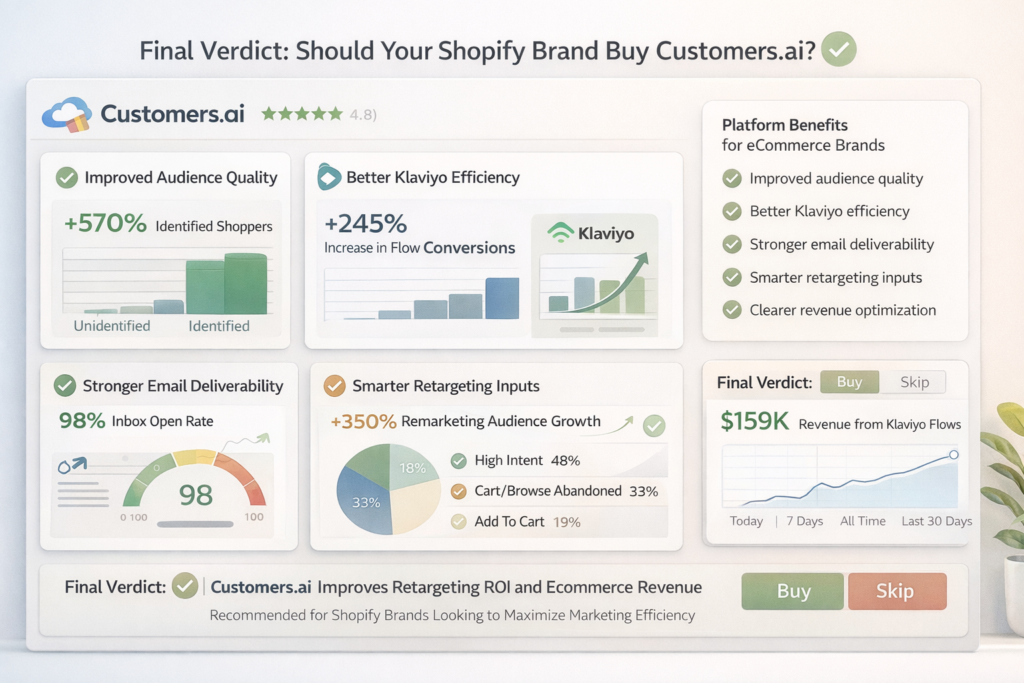 Customers.ai final verdict dashboard showing audience quality, deliverability lift, retargeting gains, and ecommerce ROI insights
