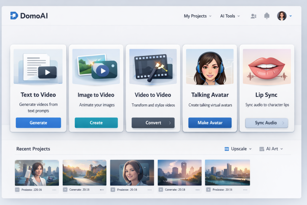 DomoAI all-in-one AI animation platform dashboard with text-to-video, image-to-video, video-to-video, talking avatar, and lip sync modules