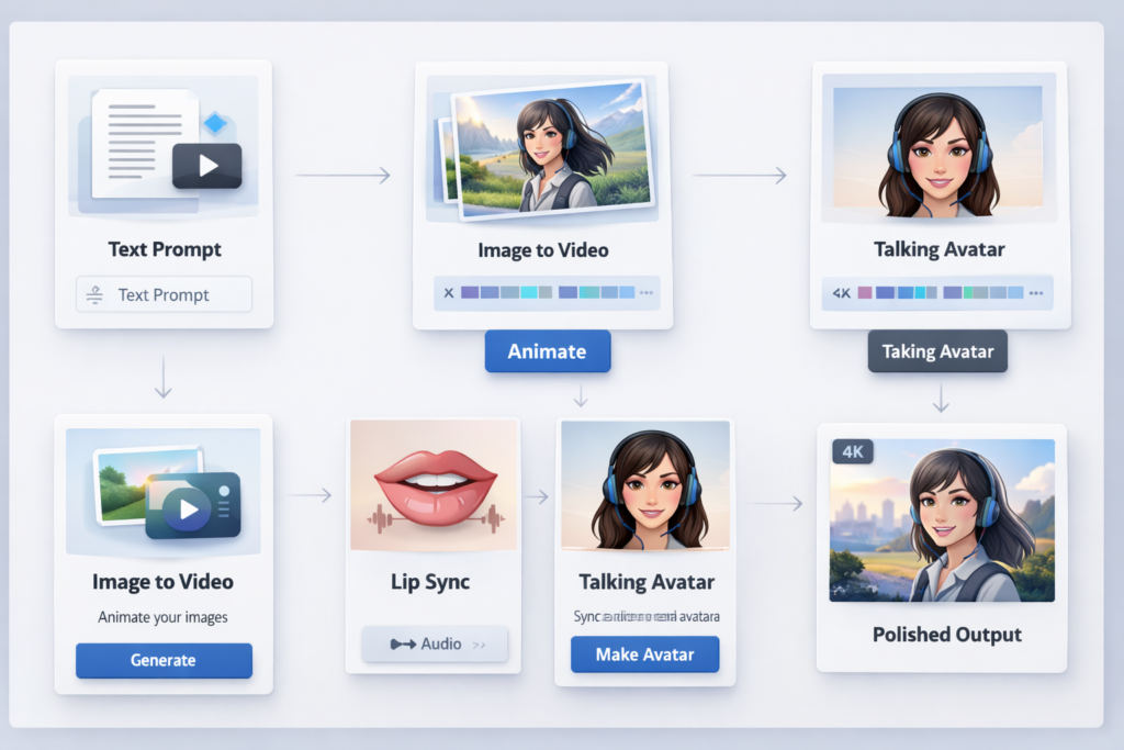 DomoAI workflow from image or prompt to animation, talking avatar, lip sync, and polished final output