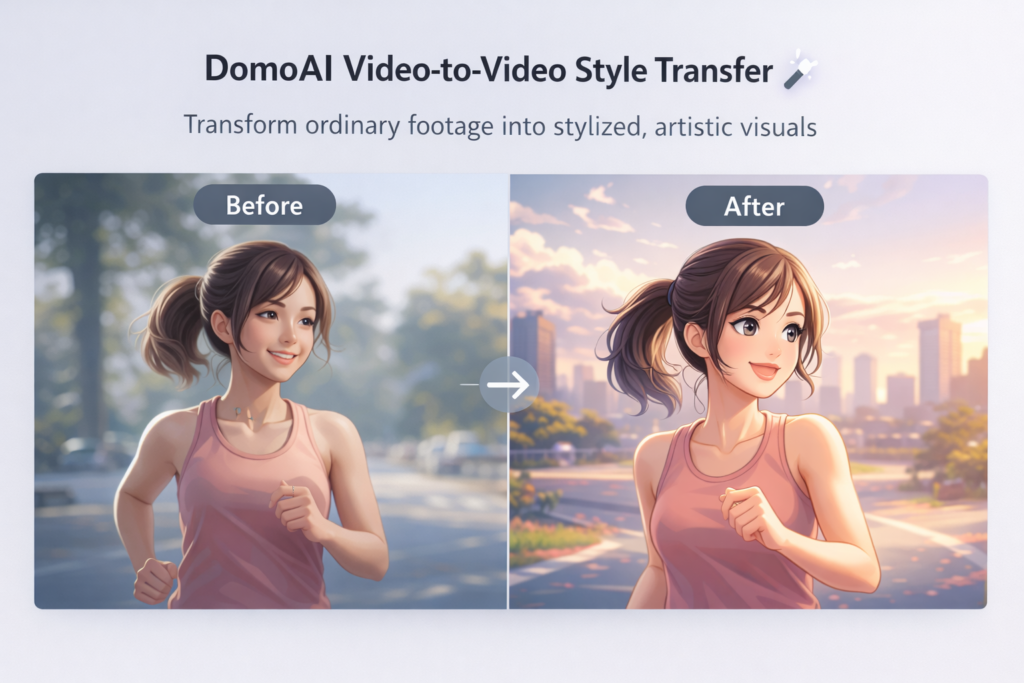 DomoAI video-to-video style transfer comparison showing ordinary footage transformed into stylized artistic animation