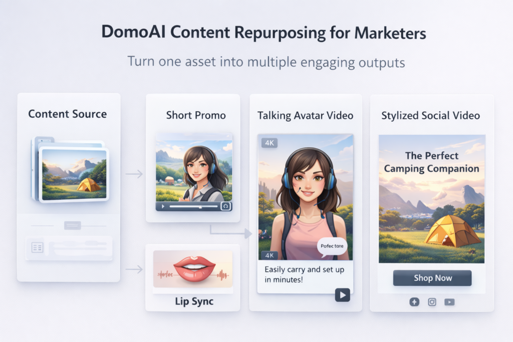 DomoAI content repurposing workflow for marketers turning one asset into social video, talking avatar, and stylized promo content