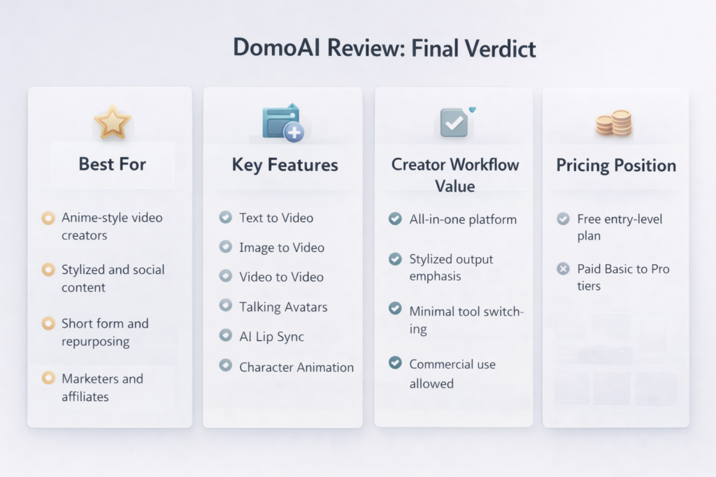 DomoAI final verdict dashboard summarizing best use cases, key features, workflow value, and pricing position