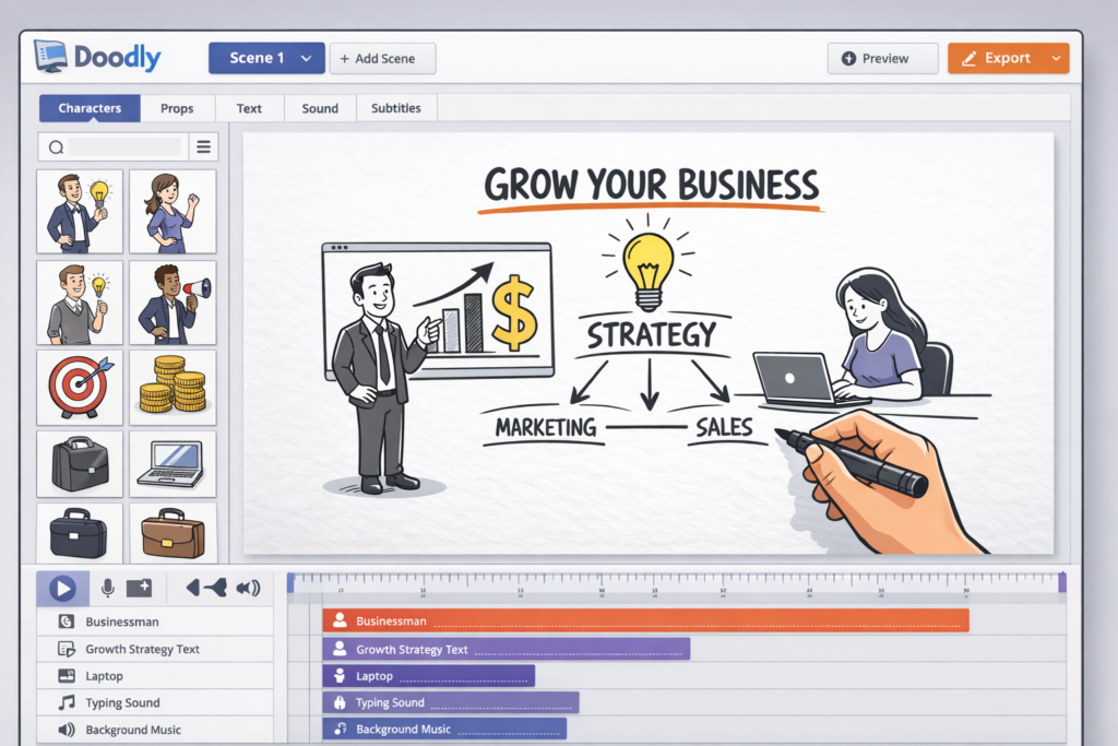 Doodly whiteboard animation software overview with scene builder, drag-and-drop editor, and explainer video workflow