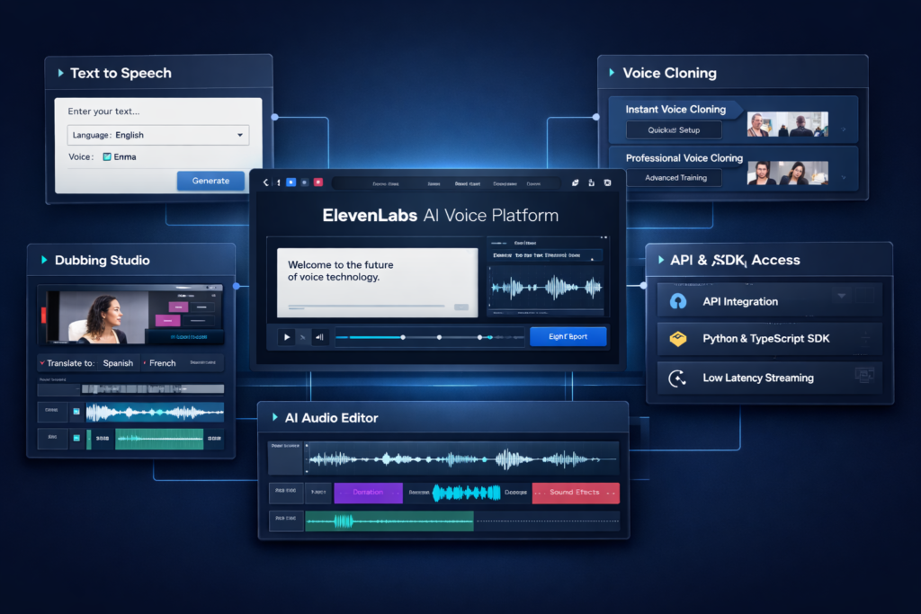 ElevenLabs AI voice platform overview with text to speech, voice cloning, dubbing, Studio, and API workflow modules
