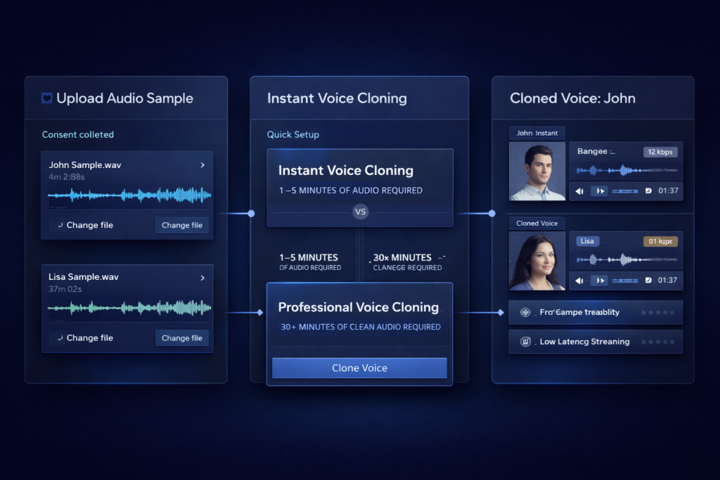 ElevenLabs voice cloning workflow showing audio samples, instant versus professional cloning, and realistic voice output