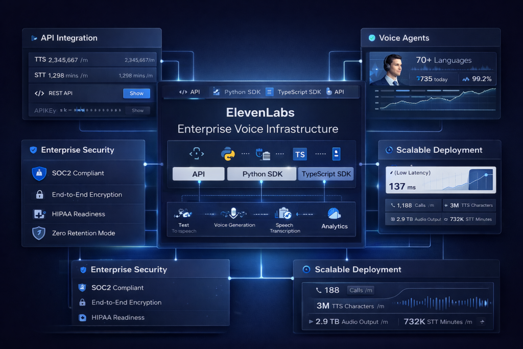 ElevenLabs API and enterprise voice infrastructure with SDKs, voice agents, transcription, and security controls