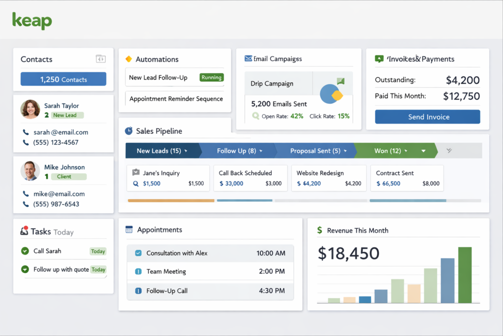 Keap dashboard showing CRM, automation, email marketing, and sales tools for small businesses
