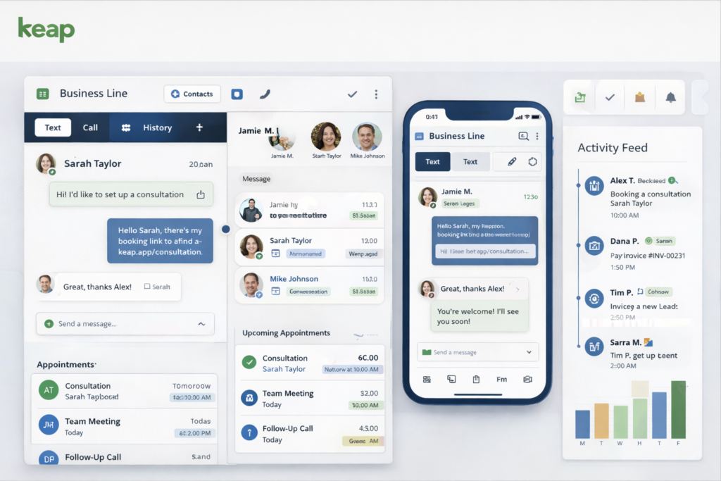 Keap mobile app and business line features for texting, calls, and appointment reminders
