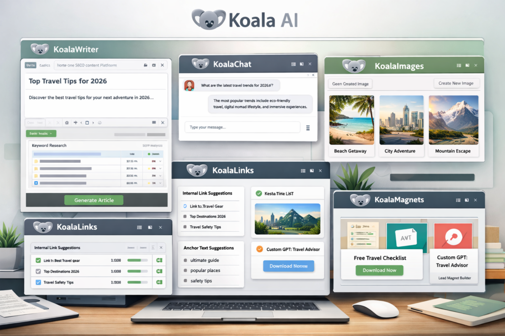 Koala AI platform dashboard showing KoalaWriter, KoalaChat, KoalaImages, KoalaLinks, and KoalaMagnets in one SEO content workflow
