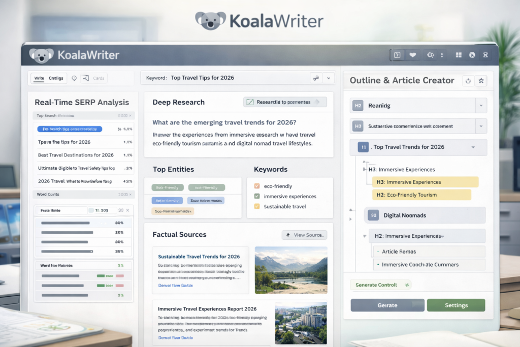 KoalaWriter content creation workflow with real-time data, SERP analysis, Deep Research, and outline editing for SEO articles
