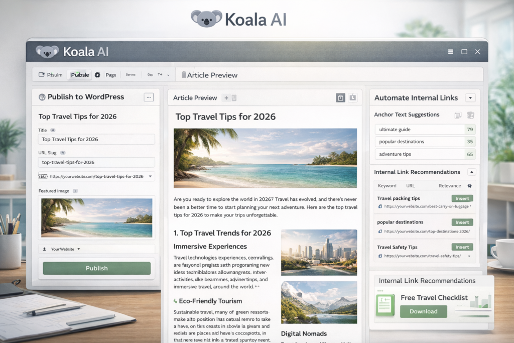 Koala AI publishing workflow showing WordPress integration, article formatting, and automatic internal linking tools
