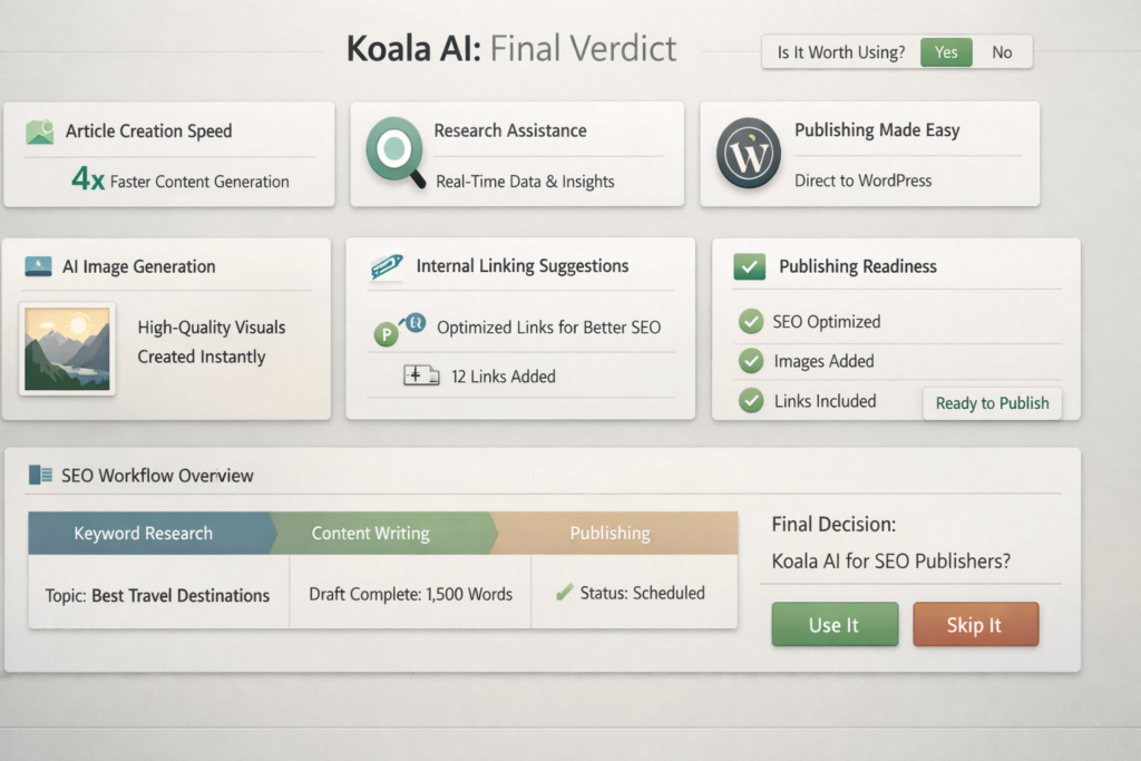 Decision-focused Koala AI review dashboard highlighting SEO content workflow strengths, publishing efficiency, and automation value
