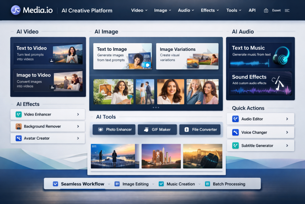 Media.io all-in-one AI creative platform dashboard for video image and audio creation