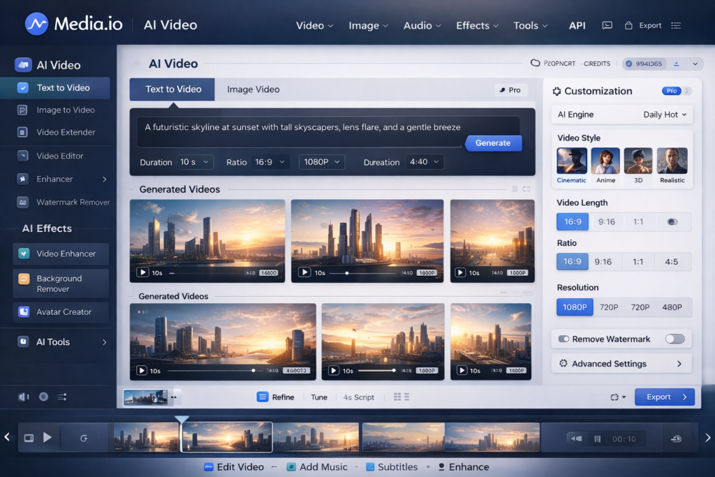 Media.io AI video generator workflow with text to video and image to video tools