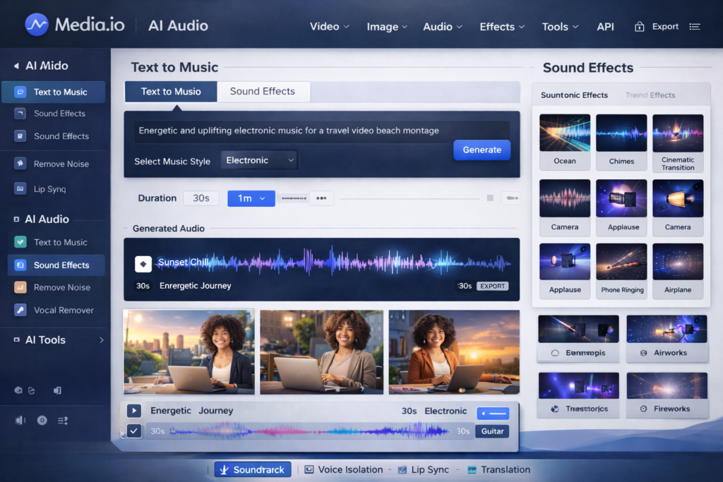 Media.io AI music generator and audio creation interface with text to music workflow
