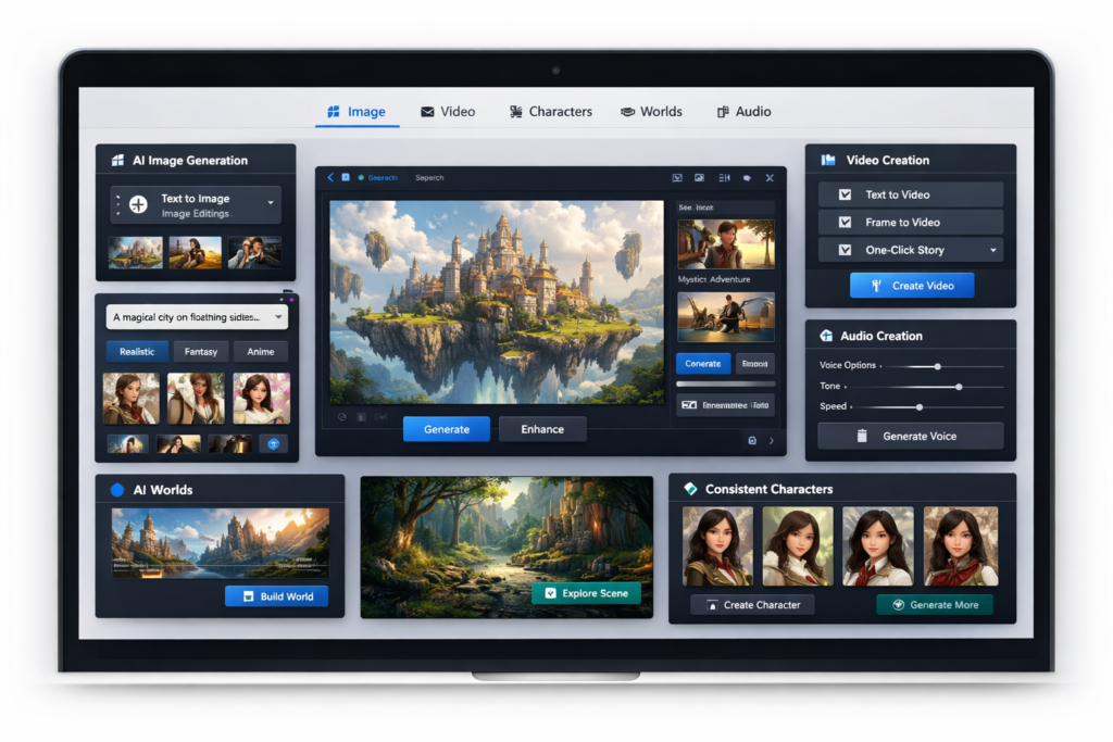 OpenArt creator studio dashboard showing AI image generation, video tools, characters, worlds, and audio creation
