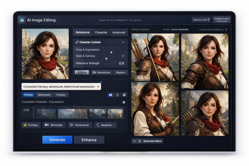 OpenArt character consistency and image editing workflow with reference images and reusable AI character outputs
