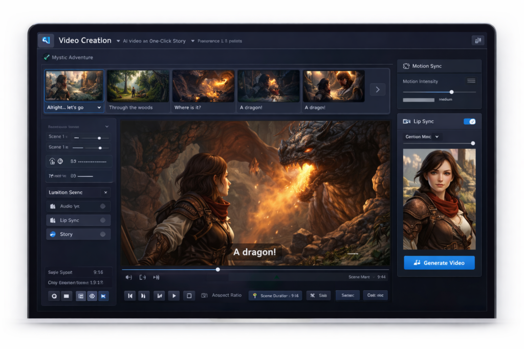 OpenArt AI video and One-Click Story workflow with storyboard scenes, motion controls, and character-driven visual storytelling
