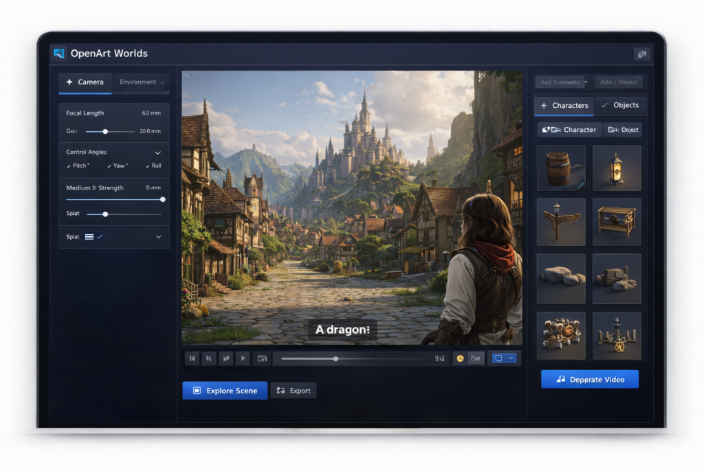OpenArt Worlds interface showing a reusable 3D environment, scene navigation, and camera control for AI storytelling
