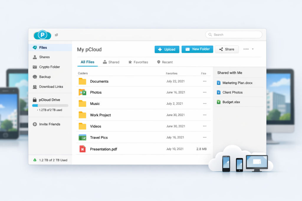 pCloud dashboard showing secure cloud storage, file organization, and cross-device access