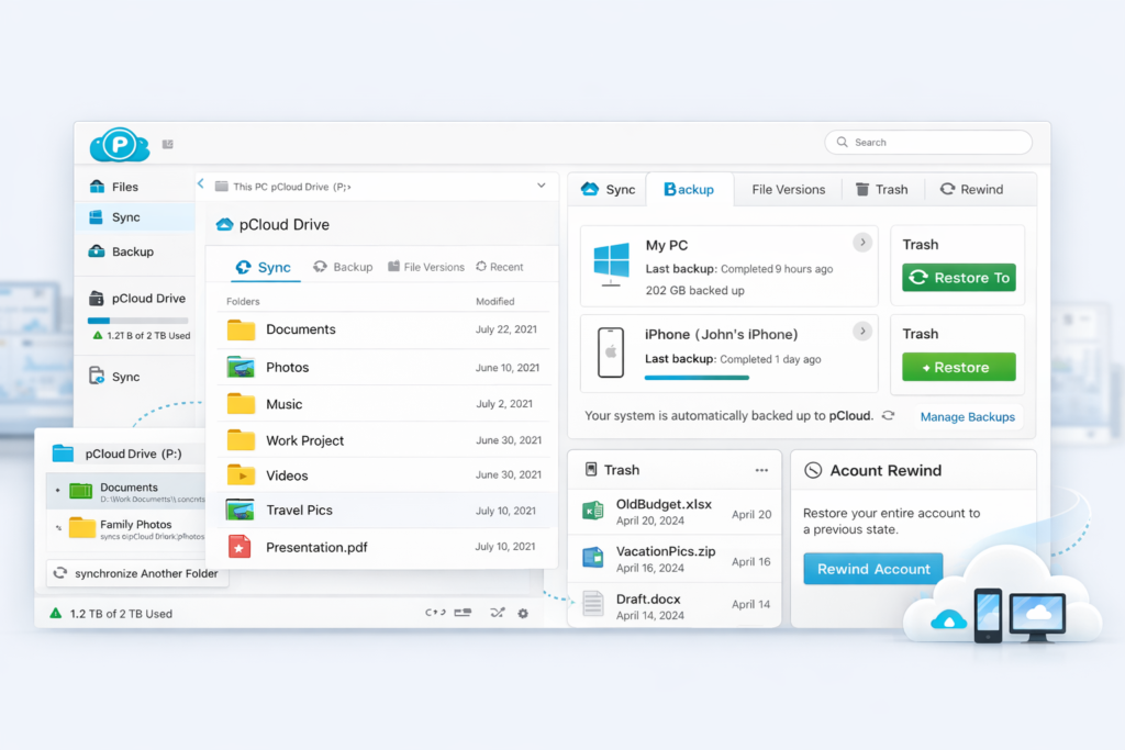 pCloud Drive Sync backup and file recovery workflow interface