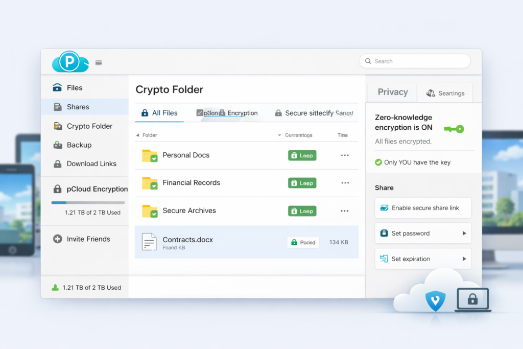 pCloud Encryption zero-knowledge privacy and secure cloud storage interface