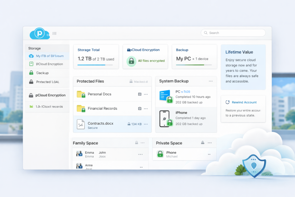 pCloud long-term secure cloud storage value overview with family and storage management cues