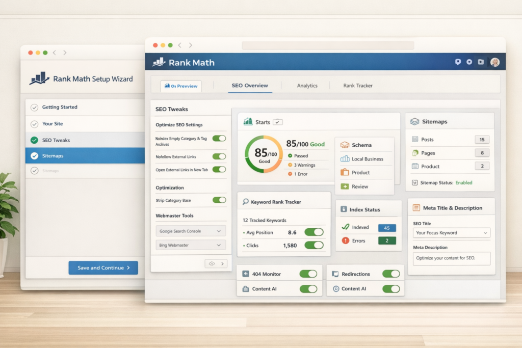 Rank Math WordPress SEO dashboard and setup wizard interface