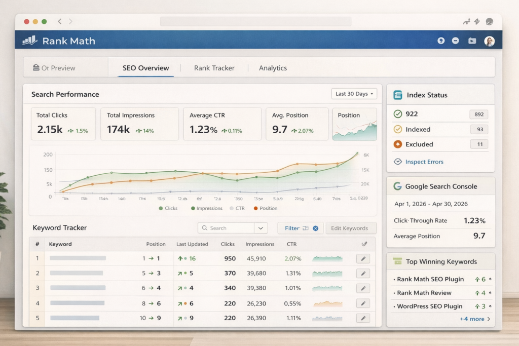 Rank Math analytics dashboard with keyword tracking and search performance charts