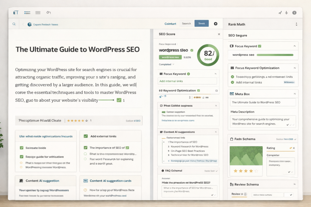 Rank Math Content AI and schema optimization workflow inside WordPress editor