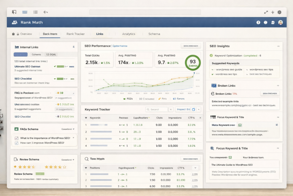 Rank Math all-in-one WordPress SEO workflow with schema analytics and internal linking tools