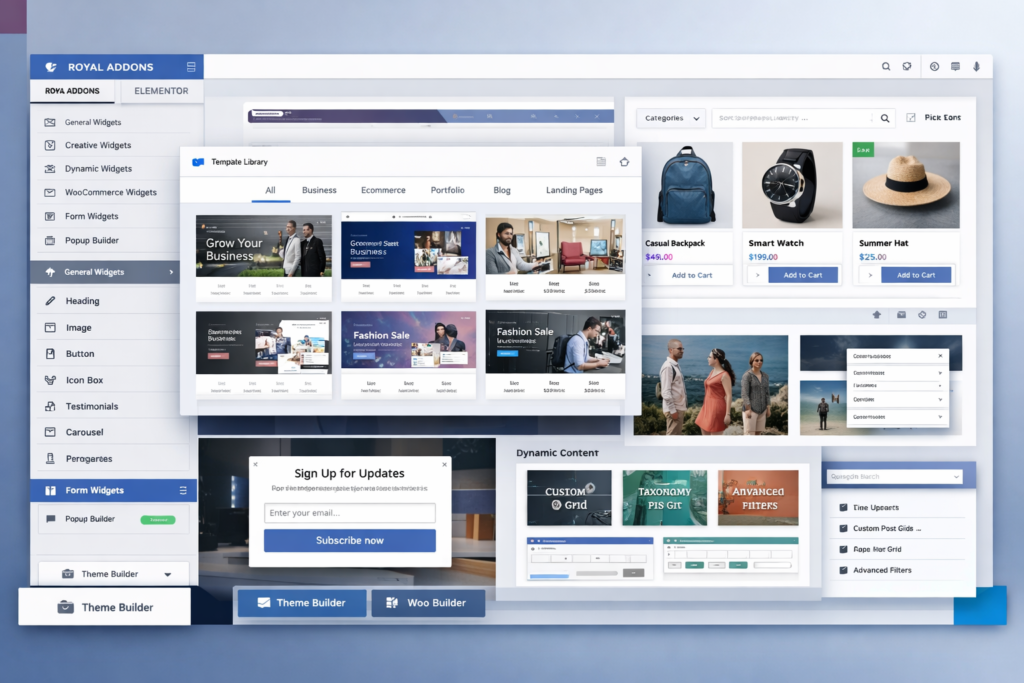 Royal Elementor Addons dashboard showing widgets, template kits, popup builder, WooCommerce tools, and Elementor site-building features