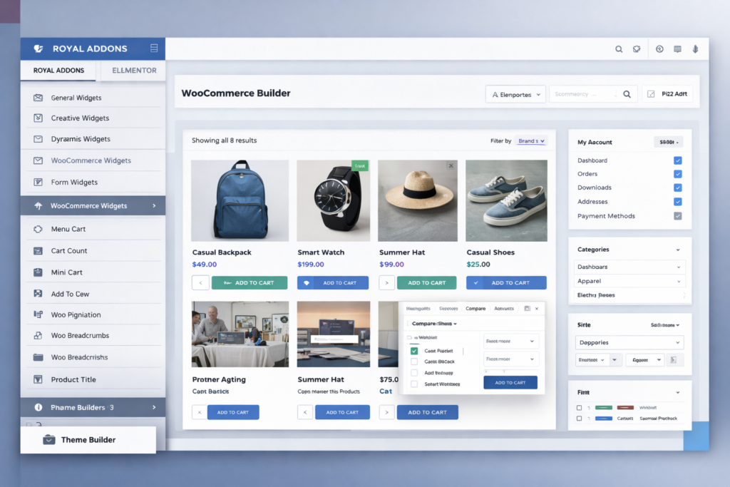Royal Elementor Addons WooCommerce builder with product grids, filters, product cards, and shop layout tools