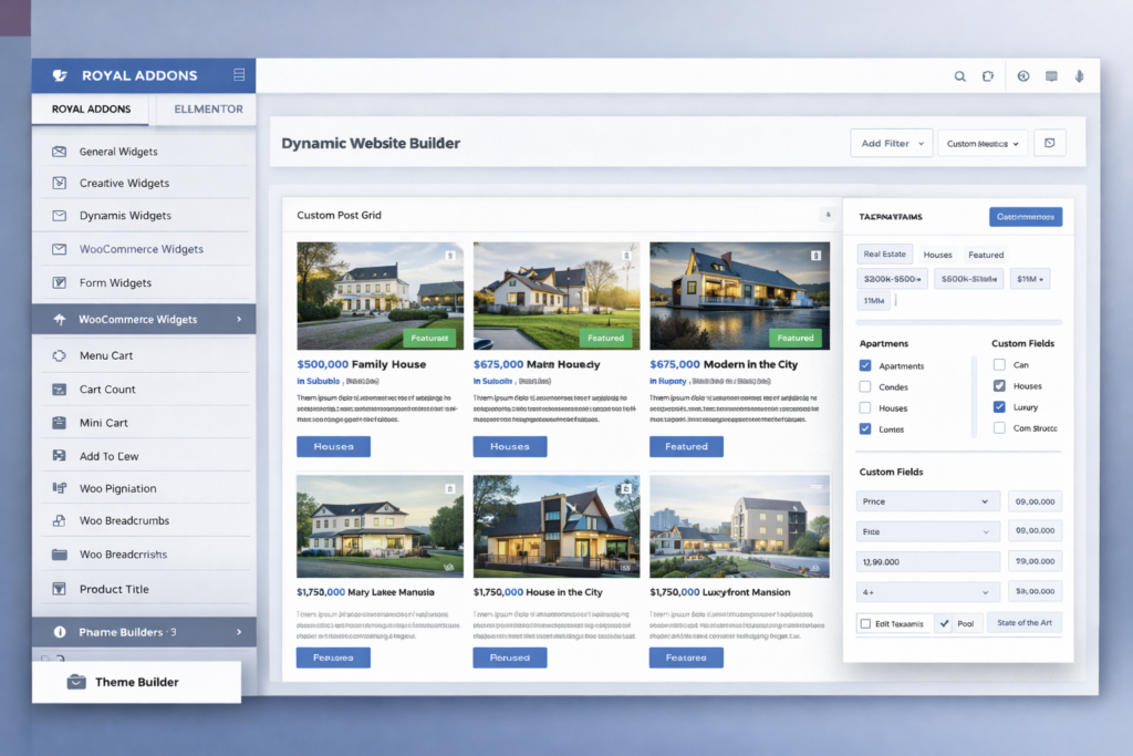 Royal Elementor Addons dynamic website builder with custom post types, taxonomy filters, and structured content tools