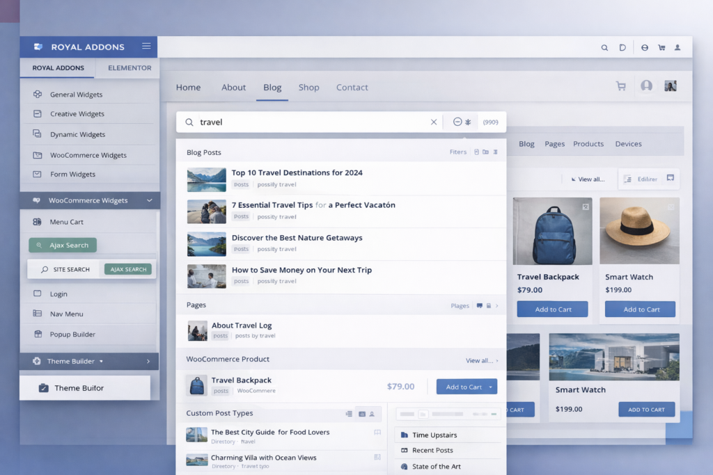 Royal Elementor Addons live Ajax search showing posts, pages, products, and custom post type suggestions
