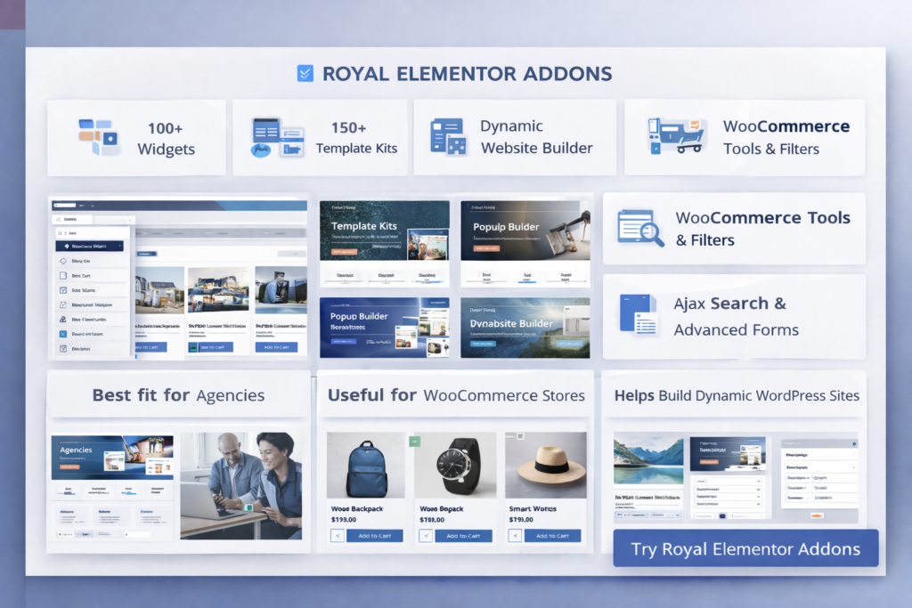 Royal Elementor Addons final verdict image showing an all-in-one Elementor toolkit for agencies, WooCommerce stores, and dynamic WordPress websites