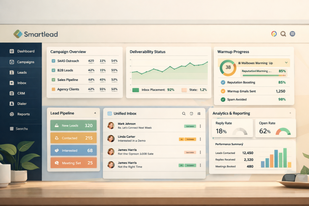 Smartlead-inspired outbound platform dashboard showing campaigns, deliverability, warmup, unified inbox, and analytics in one clean interface
