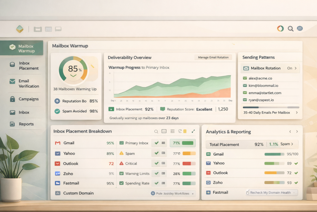 Smartlead-inspired deliverability and email warmup interface showing sender reputation, inbox placement, spam protection, and warmup automation
