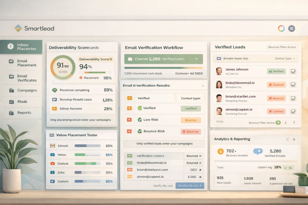 Smartlead-inspired email verification and deliverability testing dashboard with inbox placement insights, verified leads, and list hygiene workflow
