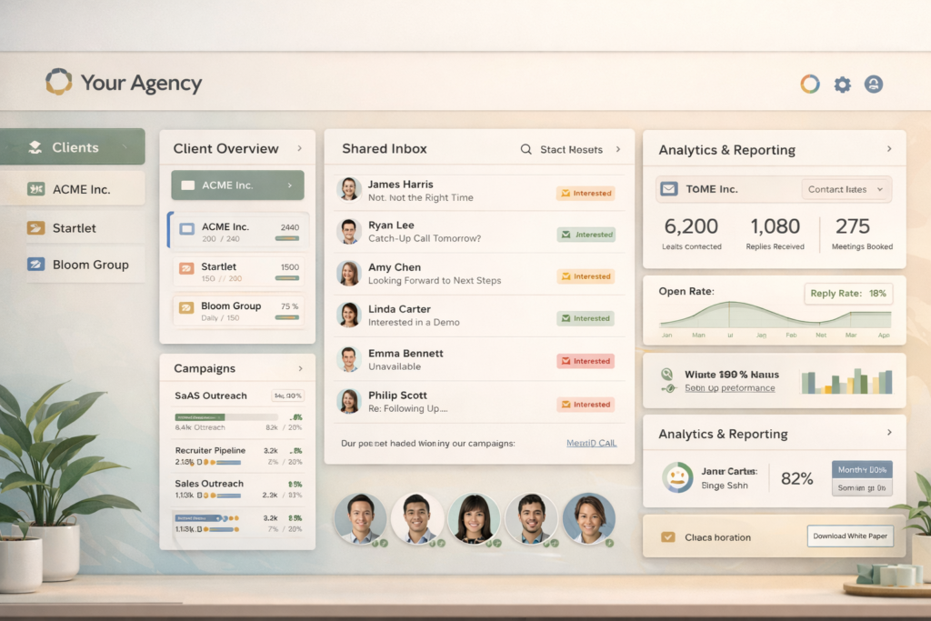 Smartlead-inspired white-label agency workspace showing branded client portal, multi-client campaign control, shared inbox, and reporting access
